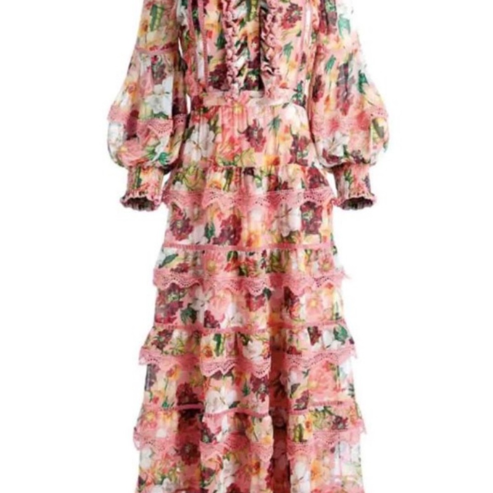 Alice + Olivia Brooke Floral High Neck Tiered Lace Trim Pink Maxi Dress Sz 2 - Picture 2 of 2